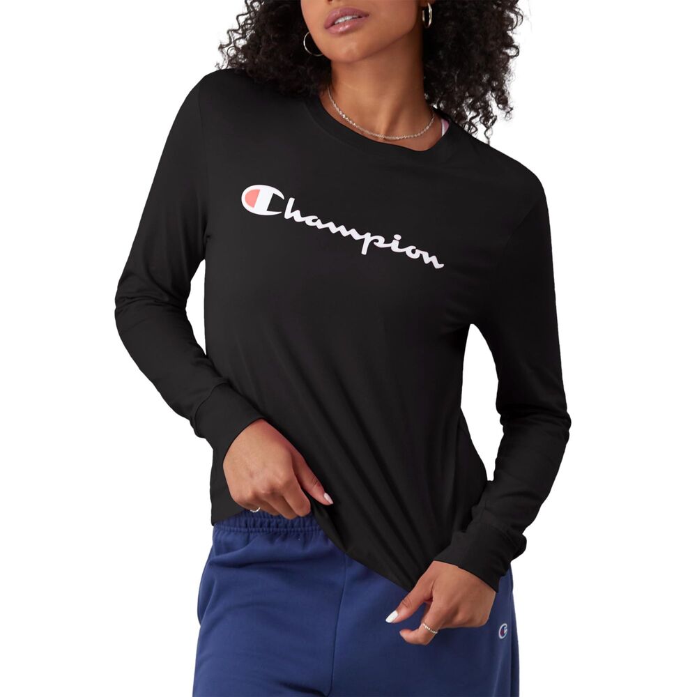 Champion Women’s Long-Sleeve Script T-Shirt — Black, Small | Classic Fit
